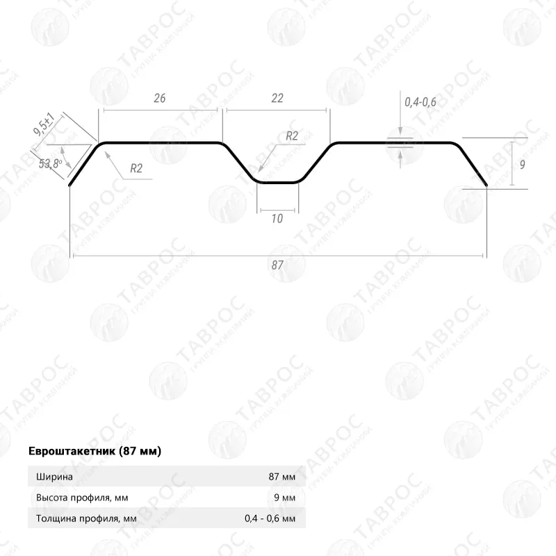 Металлический штакетник Гладкий полиэстер RAL 6005 (Зелёный мох) 2000*87*0,45 односторонний Фигурный