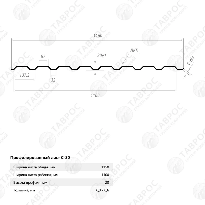 Профнастил С-20 Zn 2500*1150*0,6 односторонний